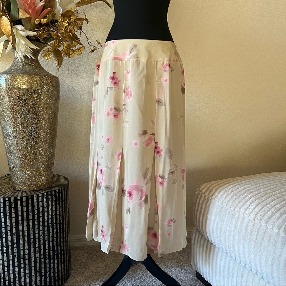 SOLD Rena Rowan 100% Silk Romantic Midi Skirt Cream base and Soft Pink floral - Picture 1 of 9